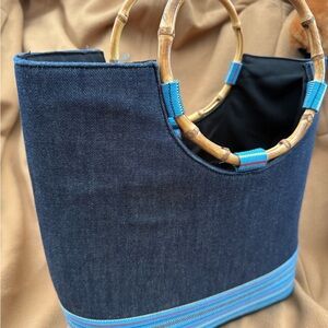 Stylish Denim Tote Bag with Bamboo Handles